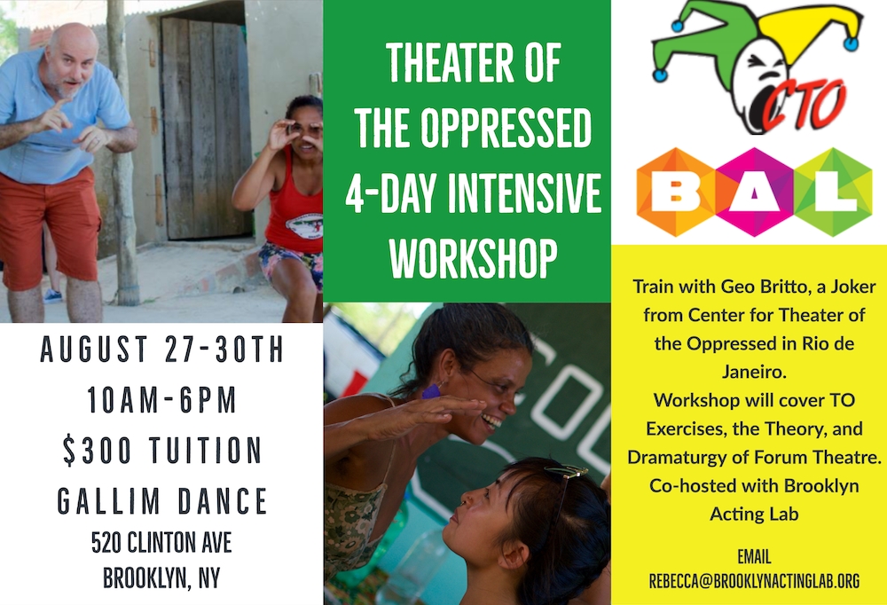 Theater of the Oppressed Brooklyn Workshop flyer containing details and photos of people in previous workshops